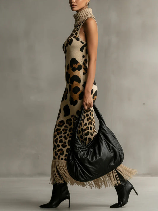 Irregular Leopard Print Knitted Tassel Sleeveless Maxi Dress