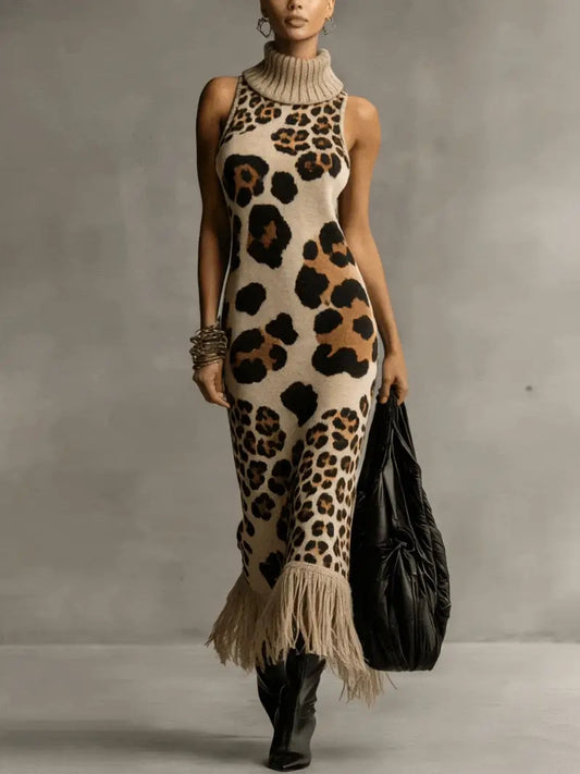 Irregular Leopard Print Knitted Tassel Sleeveless Maxi Dress