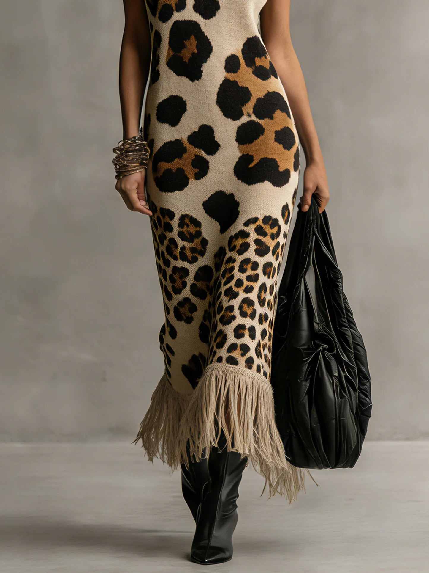 Irregular Leopard Print Knitted Tassel Sleeveless Maxi Dress