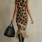 Brown Leopard Print Sleeveless Turtleneck Midi Dress With Fringe