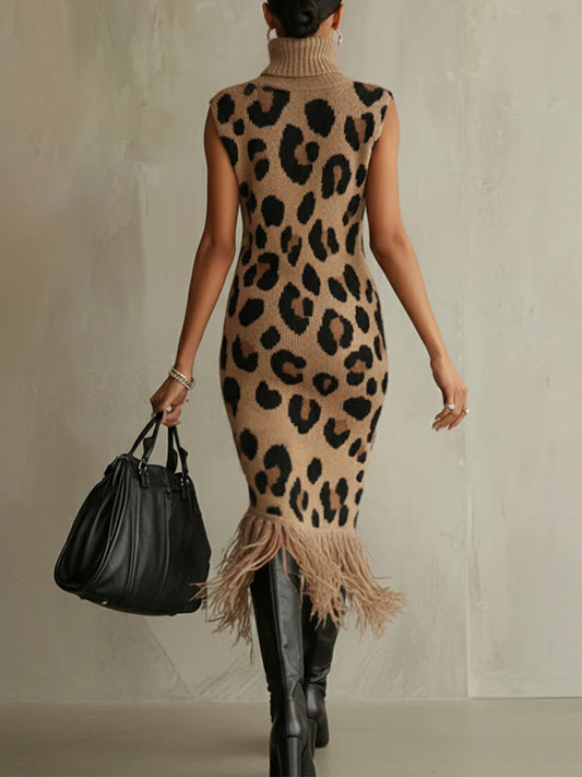 Brown Leopard Print Sleeveless Turtleneck Midi Dress With Fringe