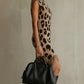 Brown Leopard Print Sleeveless Turtleneck Midi Dress With Fringe