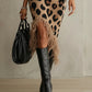 Brown Leopard Print Sleeveless Turtleneck Midi Dress With Fringe