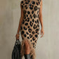 Brown Leopard Print Sleeveless Turtleneck Midi Dress With Fringe