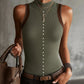 Ribbed Knit Sleeveless Vest With Pearl Button Detailing