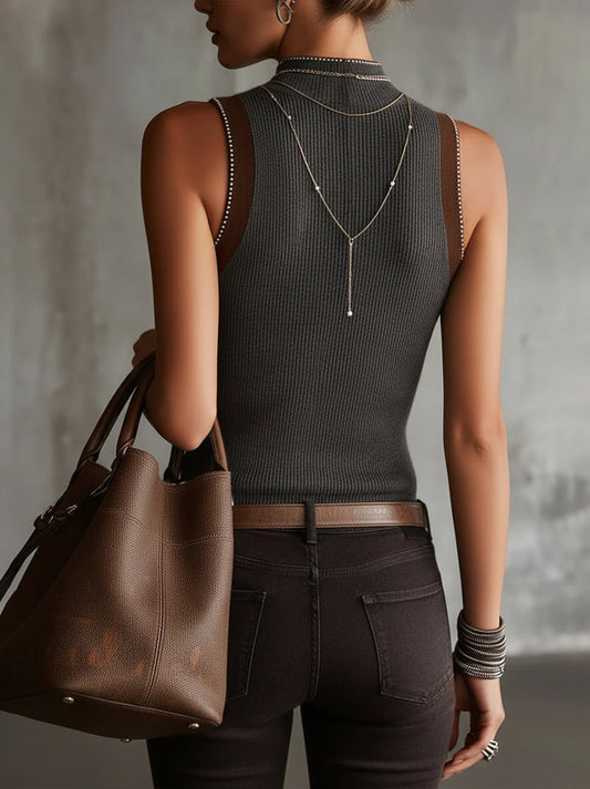 Ribbed Knit Sleeveless Vest With Pearl Button Detailing