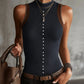 Ribbed Knit Sleeveless Vest With Pearl Button Detailing