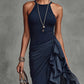 Navy Pleated Halter Top Chiffon Ruffled Maxi Dress