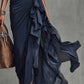 Navy Pleated Halter Top Chiffon Ruffled Maxi Dress