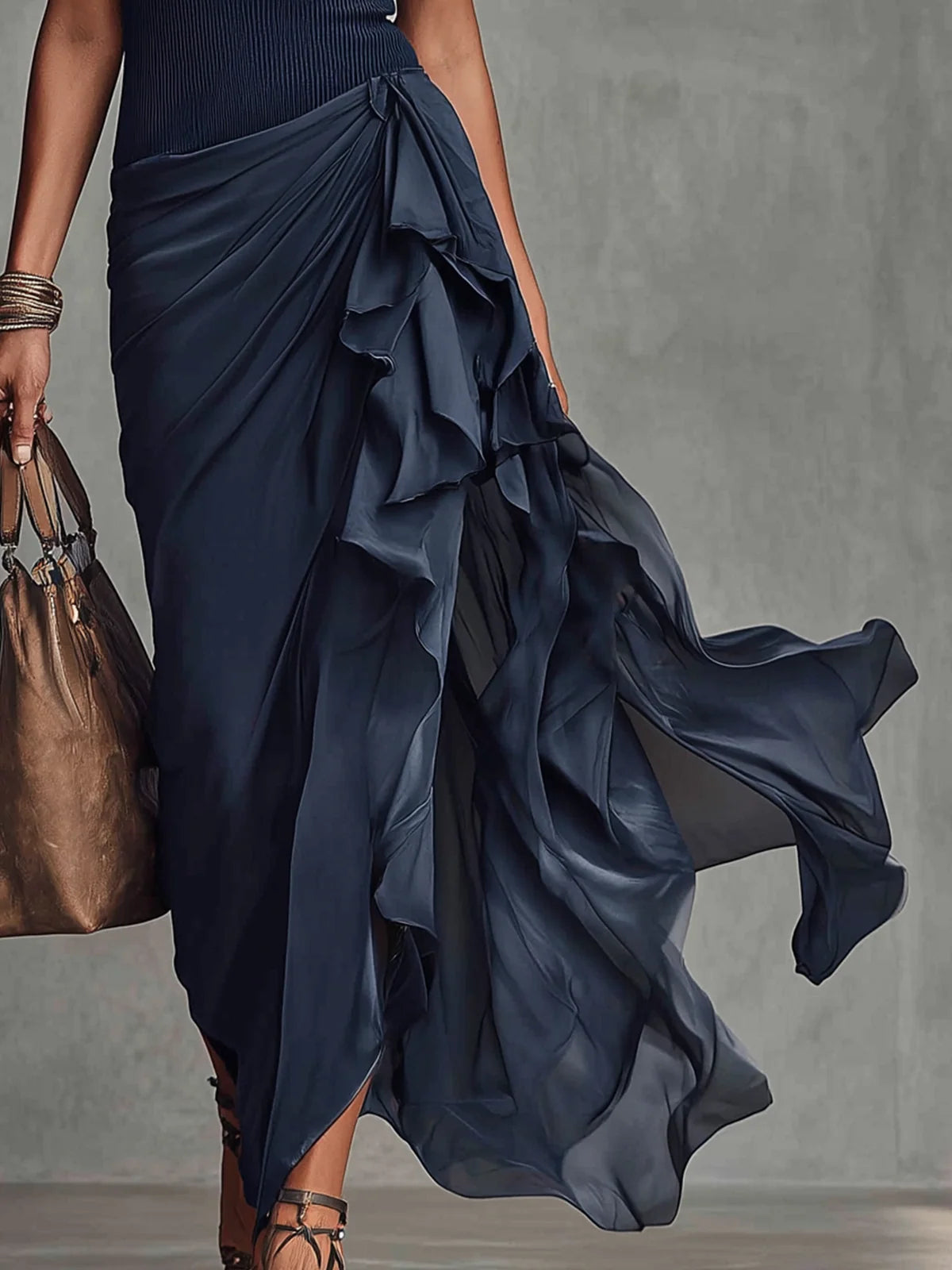 Navy Pleated Halter Top Chiffon Ruffled Maxi Dress