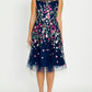 Navy Floral Embroidered Tulle Midi Dress