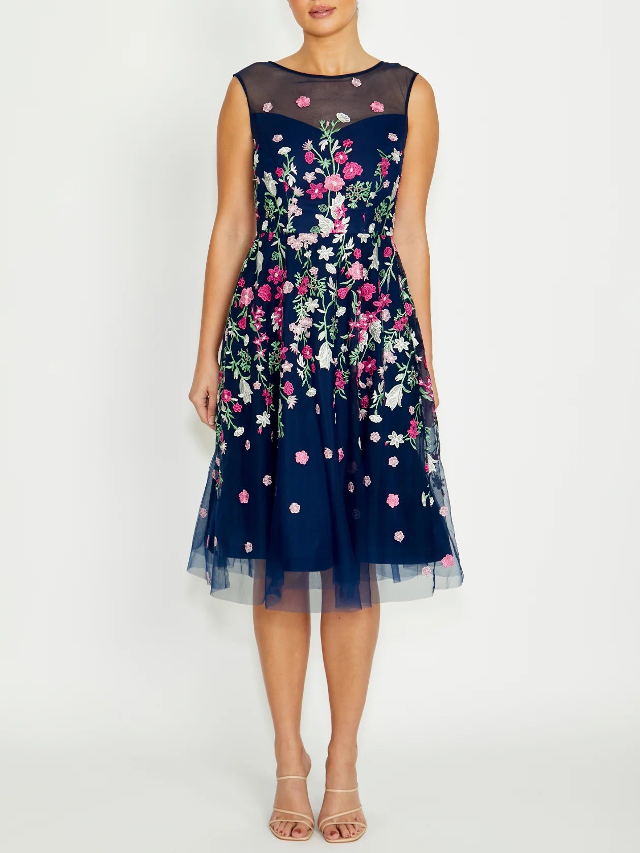 Navy Floral Embroidered Tulle Midi Dress