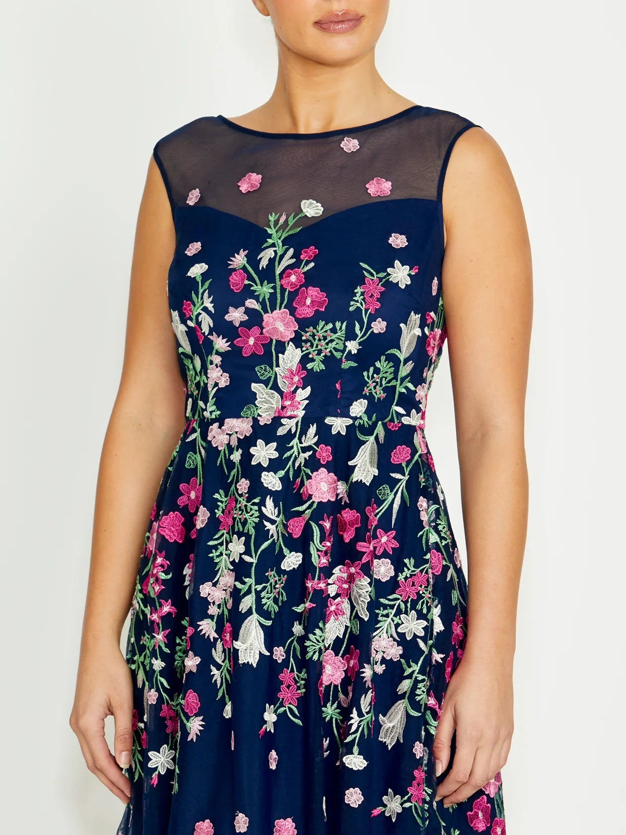 Navy Floral Embroidered Tulle Midi Dress