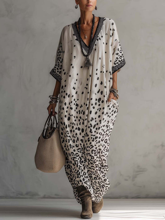 Gradient Leopard Print Cotton Linen Dress
