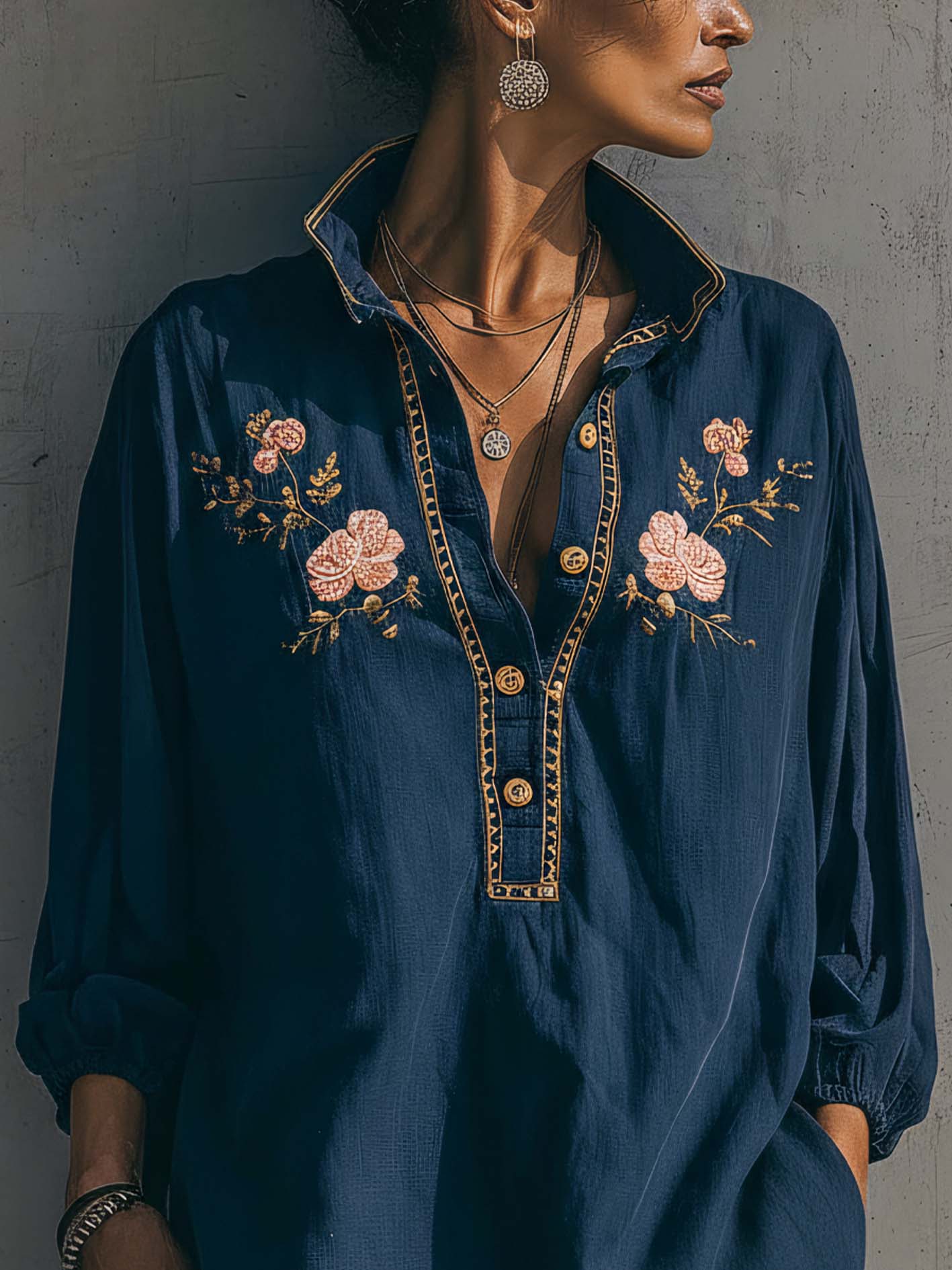Cotton Linen Floral Embroidered Collared Mini Dress