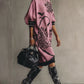 Pink Knit Loose Short Sleeve Midi Dress