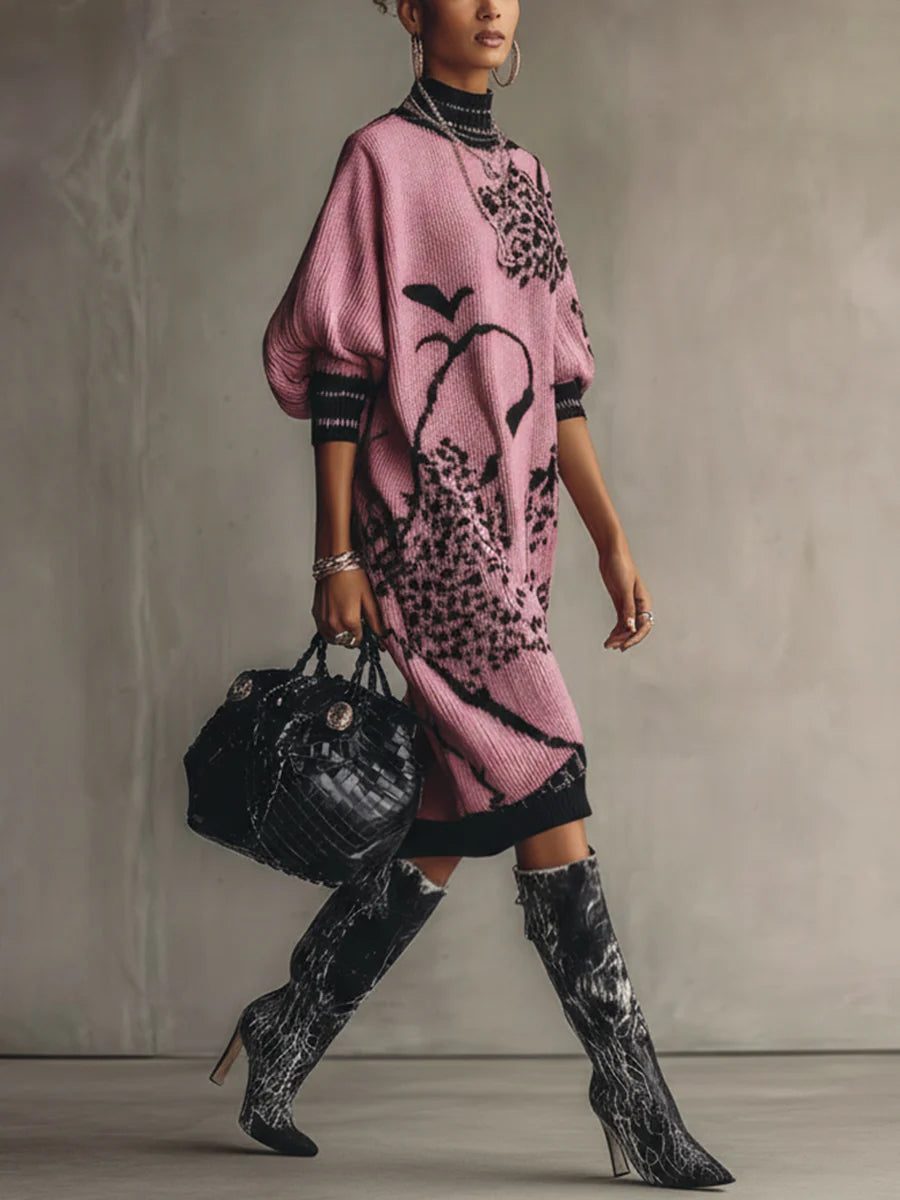 Pink Knit Loose Short Sleeve Midi Dress