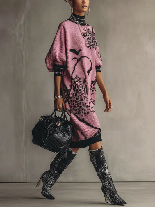 Pink Knit Loose Short Sleeve Midi Dress