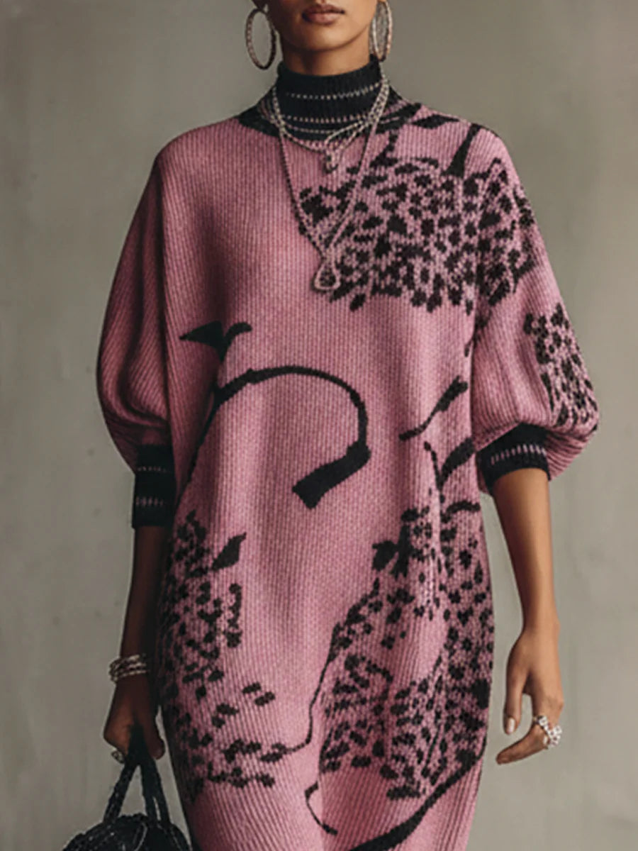 Pink Knit Loose Short Sleeve Midi Dress