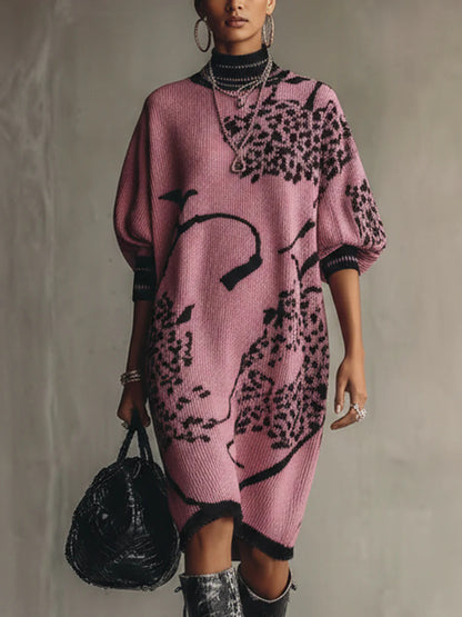 Pink Knit Loose Short Sleeve Midi Dress