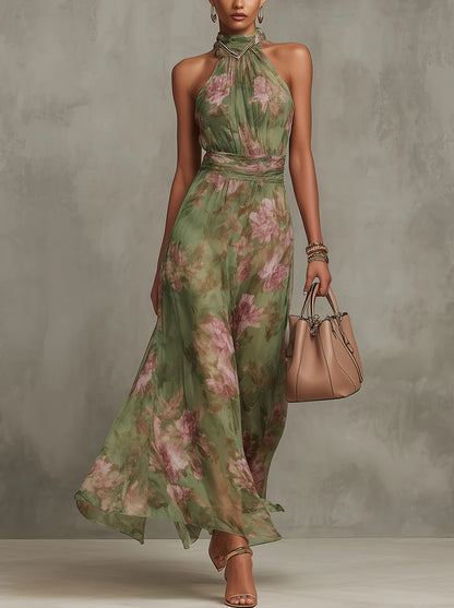 Green Floral Chiffon Halter Maxi Dress