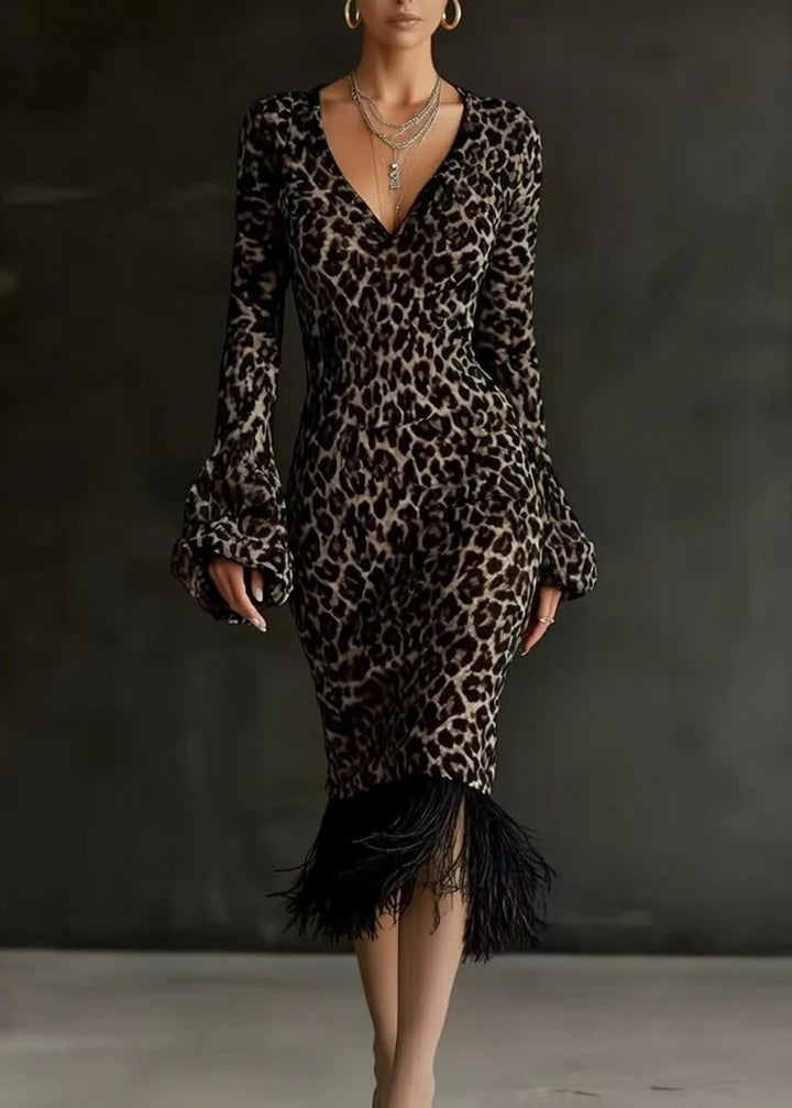 Lantern Sleeve V-Neck Knit Fringe Dress