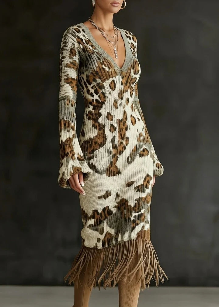 Lantern Sleeve V-Neck Knit Fringe Dress