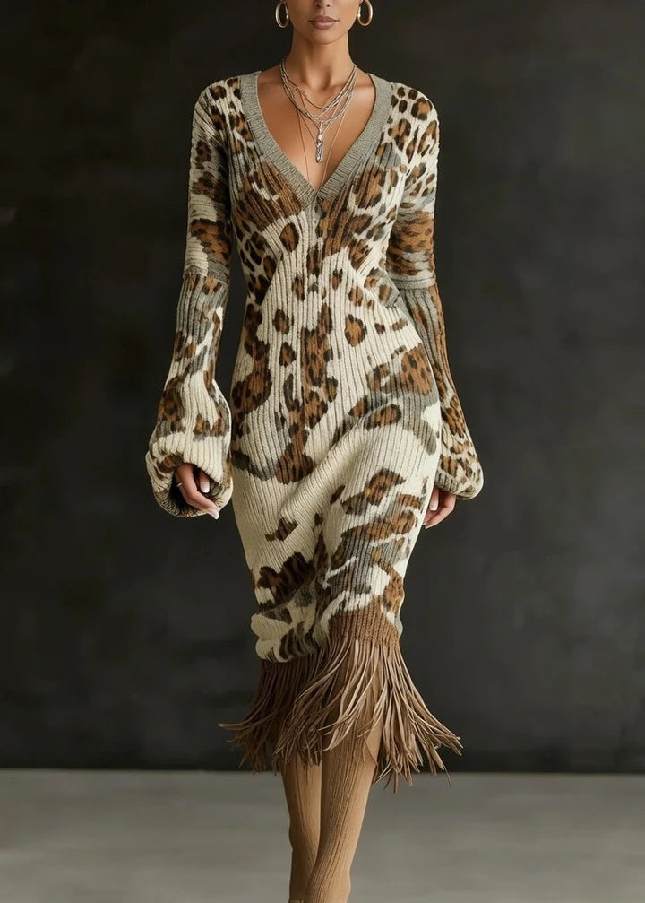 Lantern Sleeve V-Neck Knit Fringe Dress