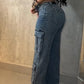 Casual Cargo Pocket Rhinestone Washed Wide Leg Jeans