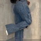Casual Cargo Pocket Rhinestone Washed Wide Leg Jeans