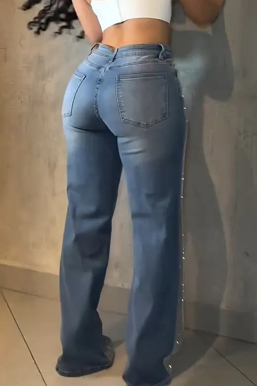 Fashion Sparkling Rhinestone Washed Wide Leg Jeans
