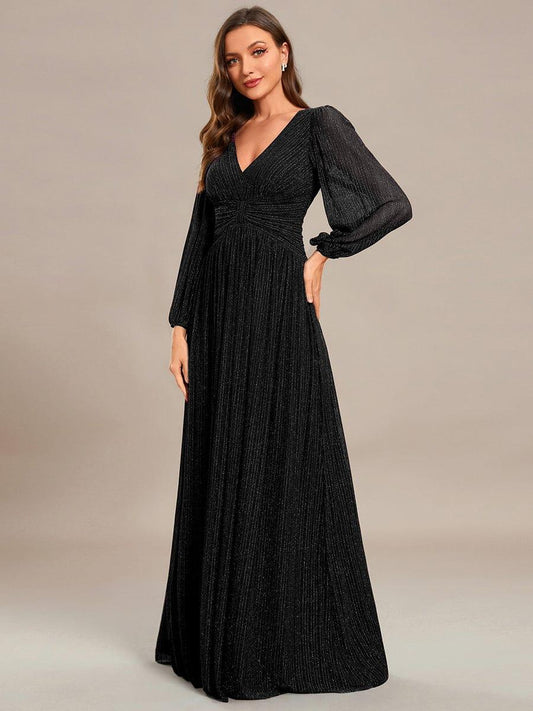 Glittery Long Lantern Sleeves A-Line Evening Dress