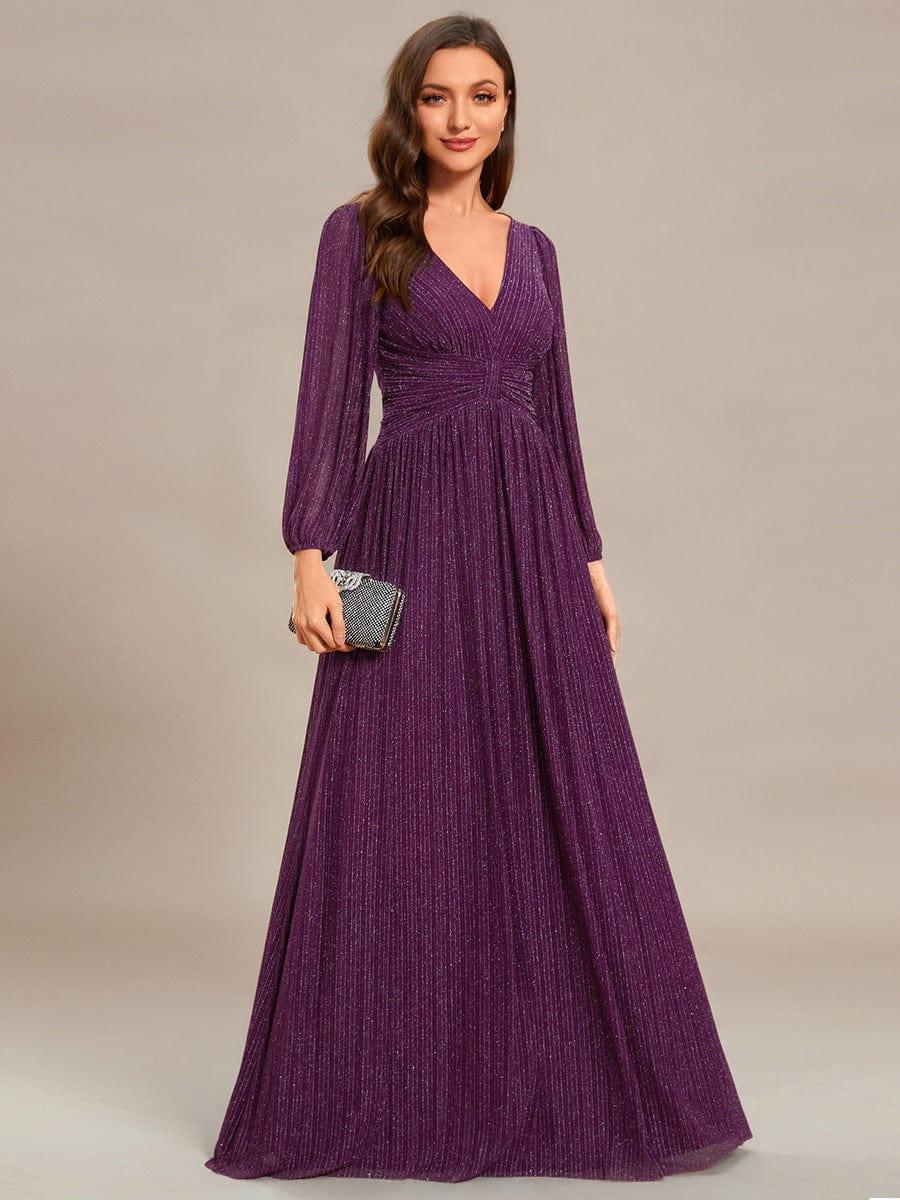 Glittery Long Lantern Sleeves A-Line Evening Dress