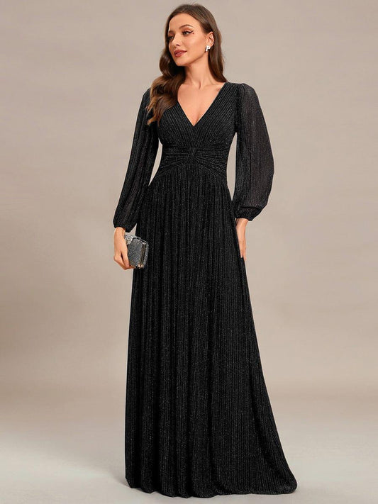 Glittery Long Lantern Sleeves A-Line Evening Dress