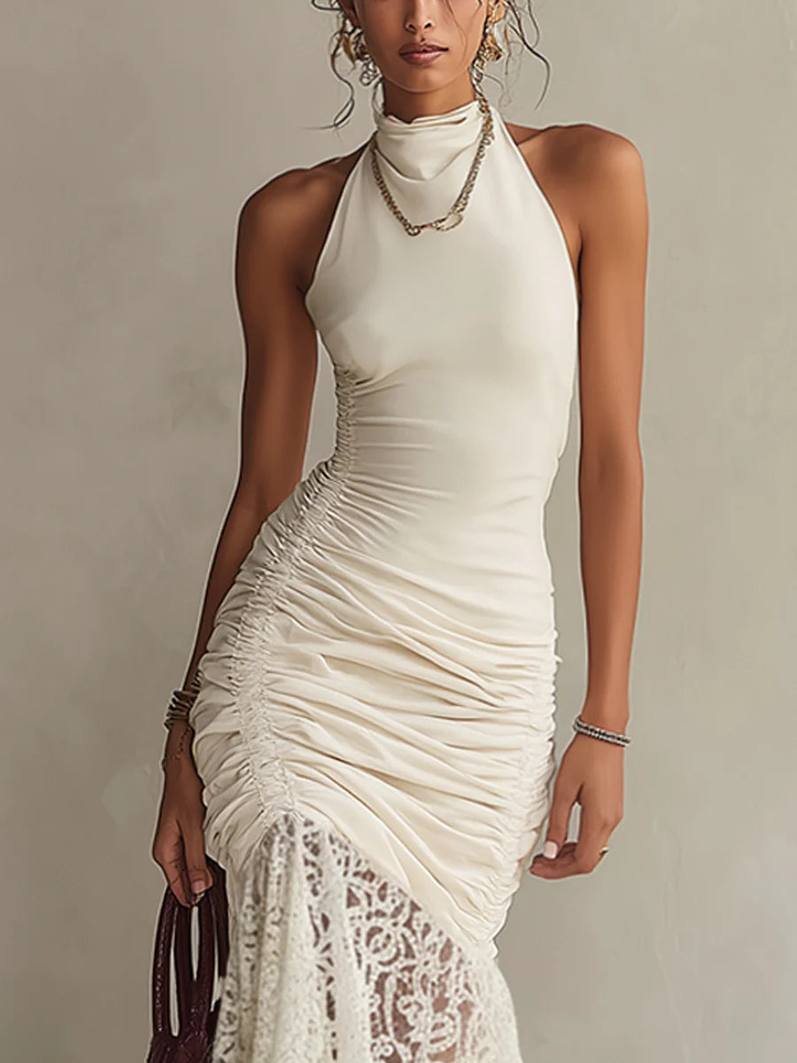 Ruched Lace Sleeveless Maxi Dress