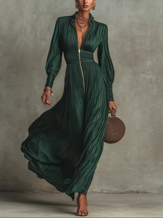 Green Pleated Chiffon Long Sleeve Zip-Front Dress