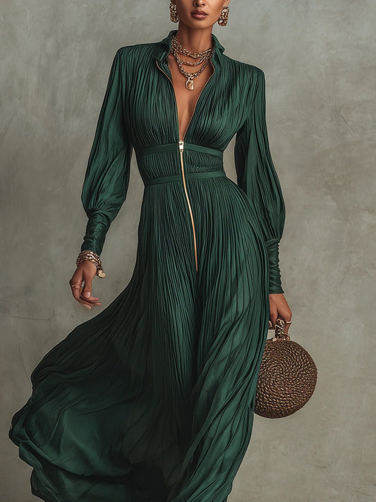 Green Pleated Chiffon Long Sleeve Zip-Front Dress