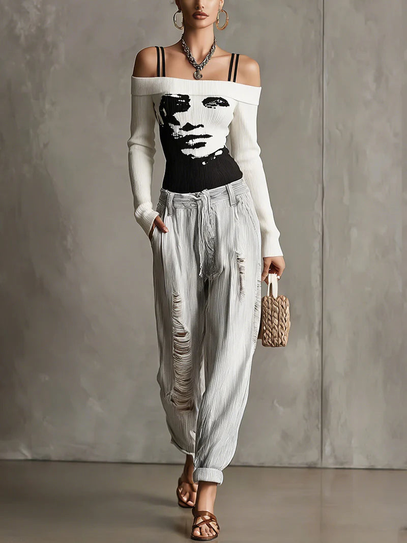 Black And White Off-Shoulder Knit Sweater With Abstract Face Design