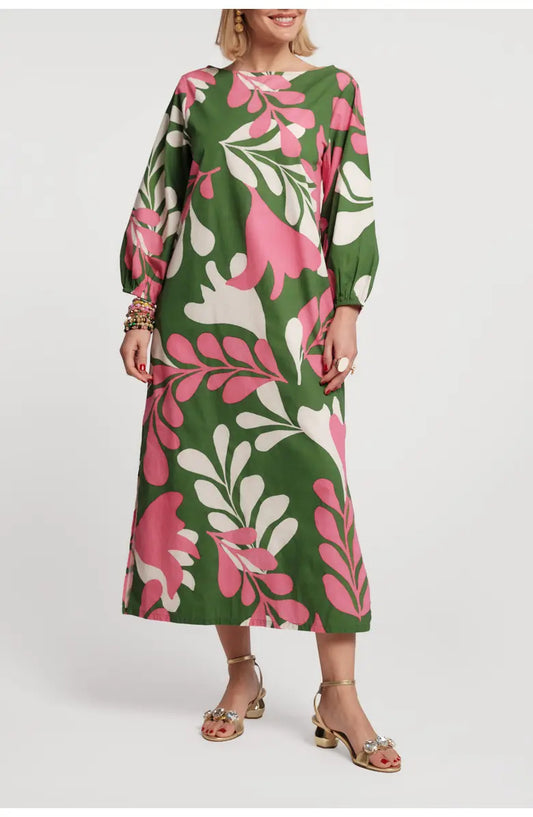 Puff-Sleeve Slit Cotton Maxi Dress