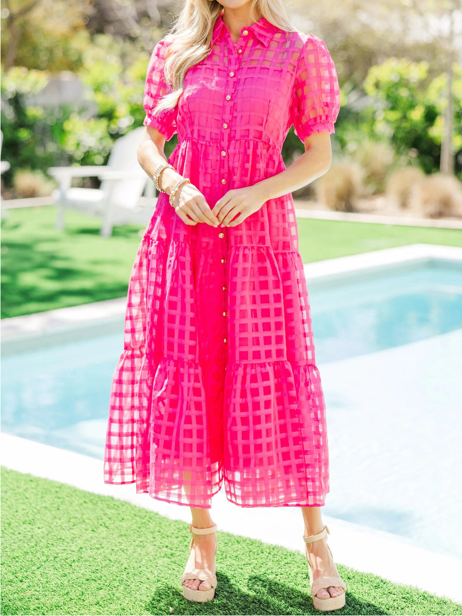 Grid Pattern Tiered Midi Shirtdress
