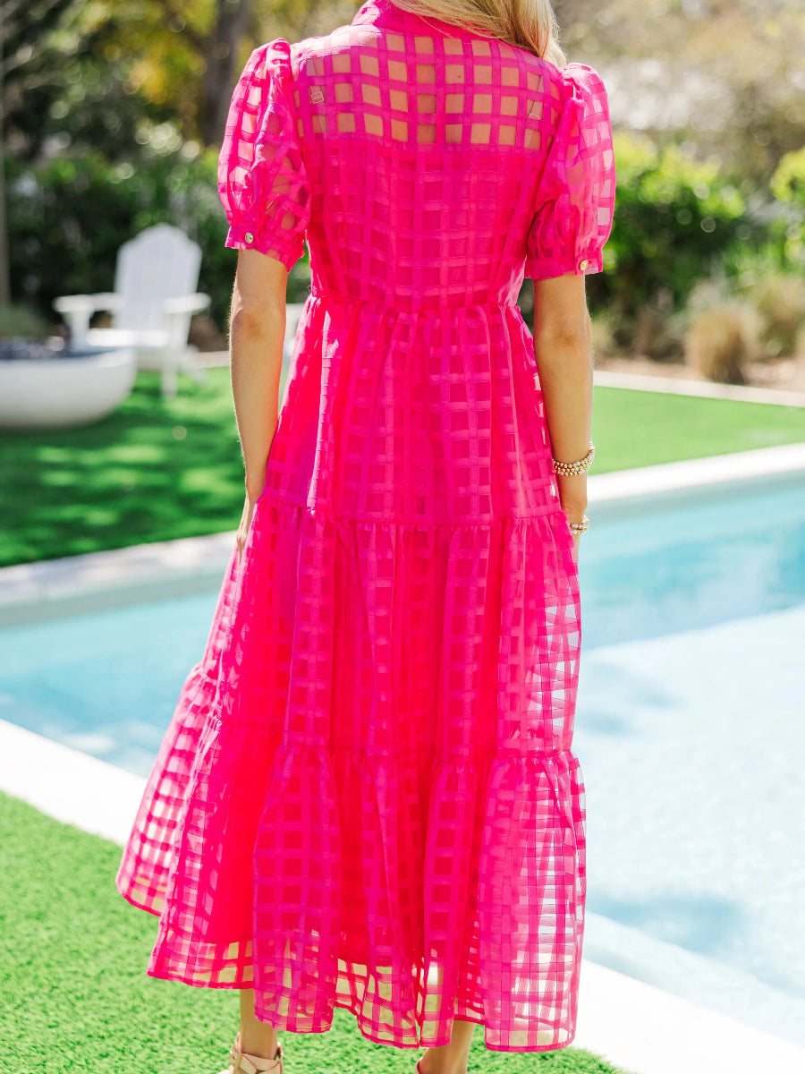 Grid Pattern Tiered Midi Shirtdress