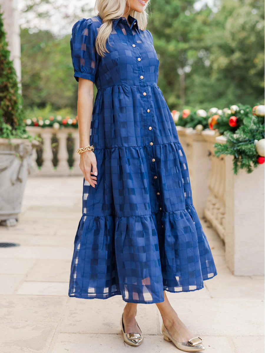 Grid Pattern Tiered Midi Shirtdress