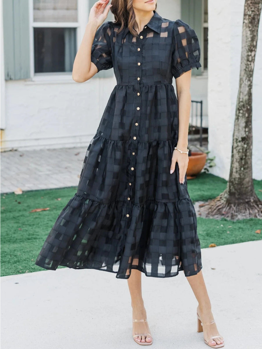 Grid Pattern Tiered Midi Shirtdress