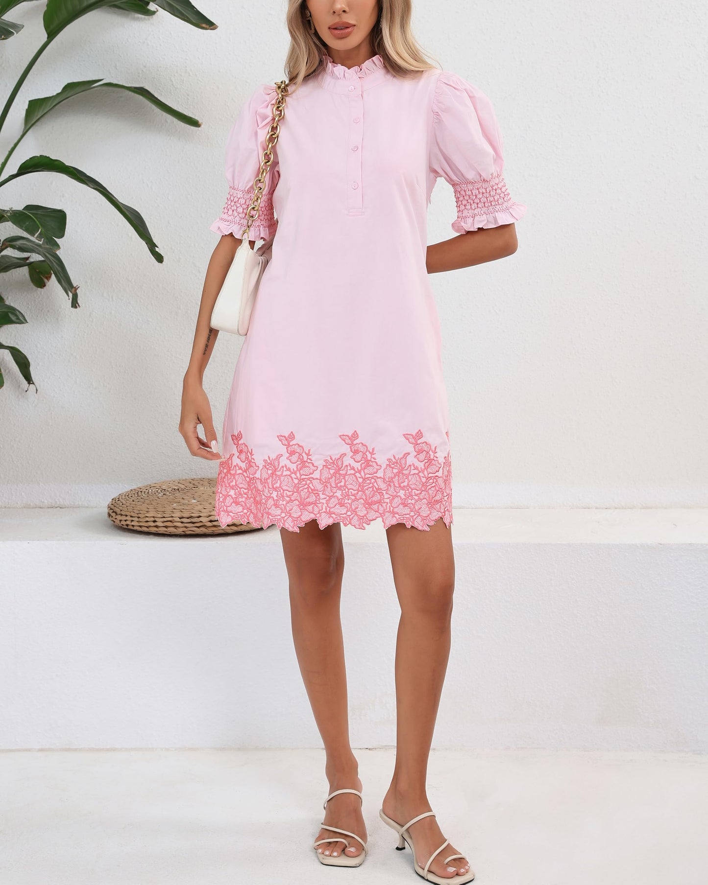 Puff Sleeve Embroidered Floral Shift Dress