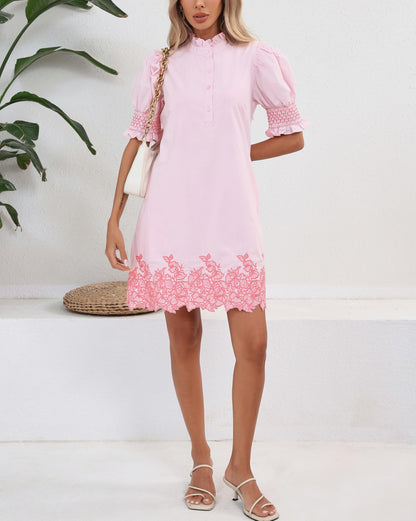 Puff Sleeve Embroidered Floral Shift Dress