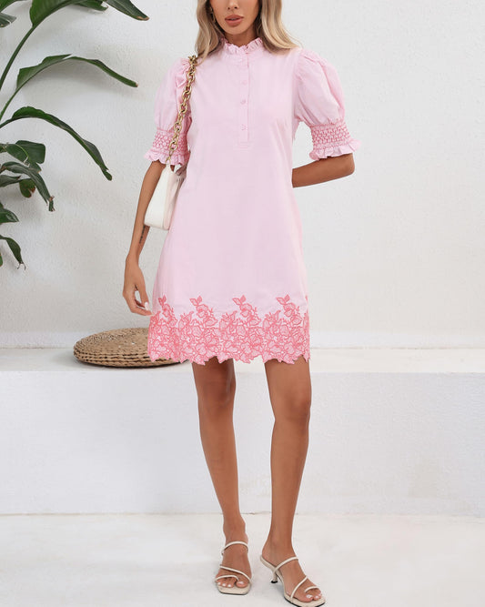 Puff Sleeve Embroidered Floral Shift Dress