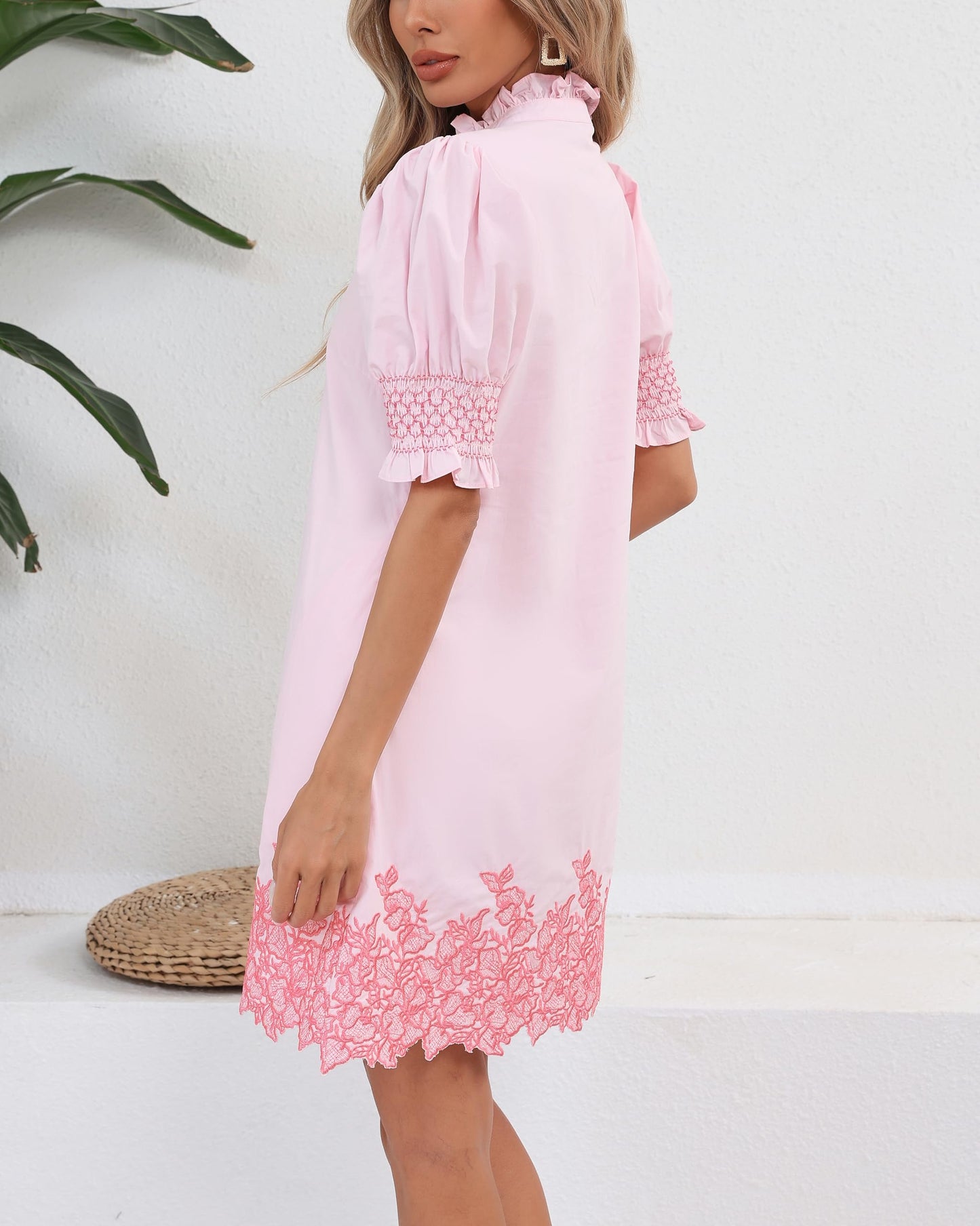 Puff Sleeve Embroidered Floral Shift Dress