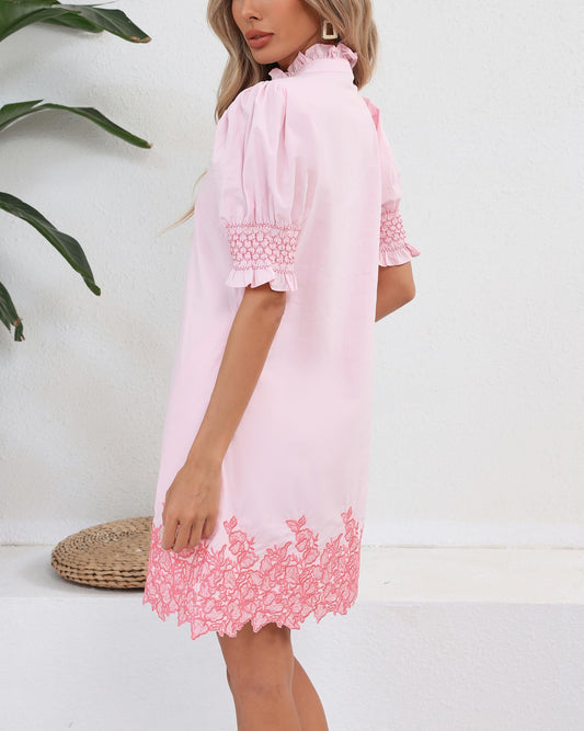 Puff Sleeve Embroidered Floral Shift Dress