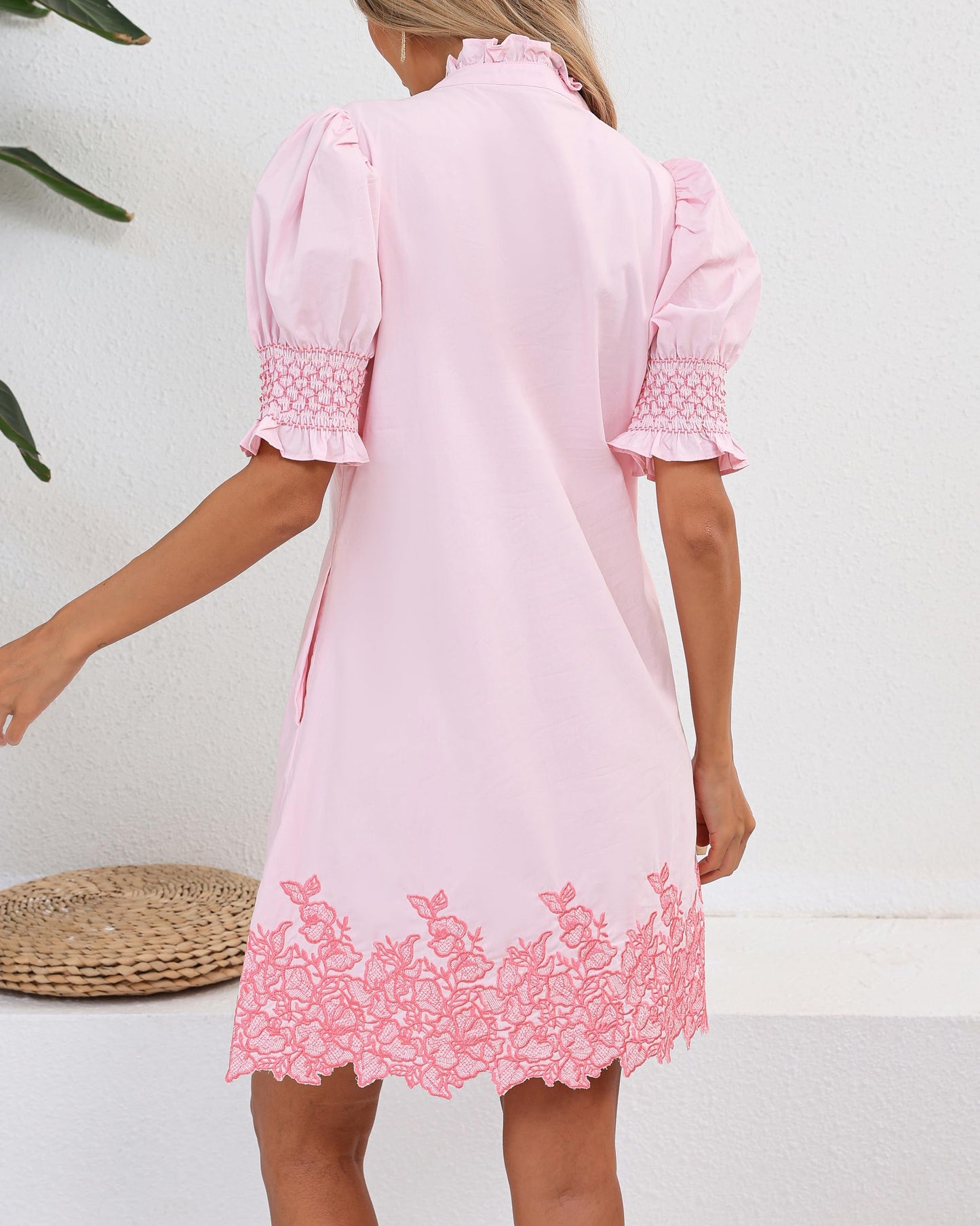 Puff Sleeve Embroidered Floral Shift Dress