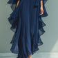 Women's Chiffon Top With Flared Sleeves And Straight-leg Trousers Set With Ruffled Details